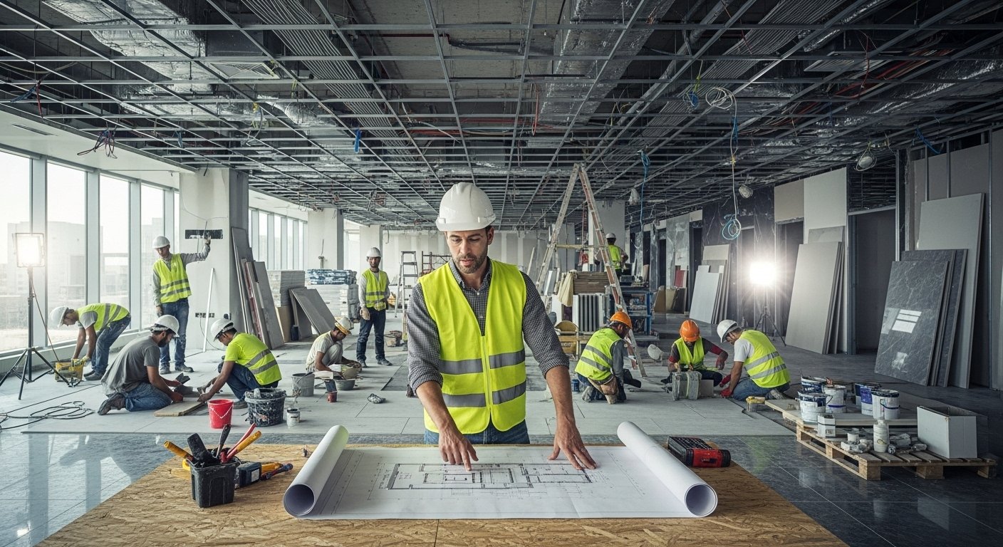 Project manager supervising a commercial fit-out contractor in Riyadh