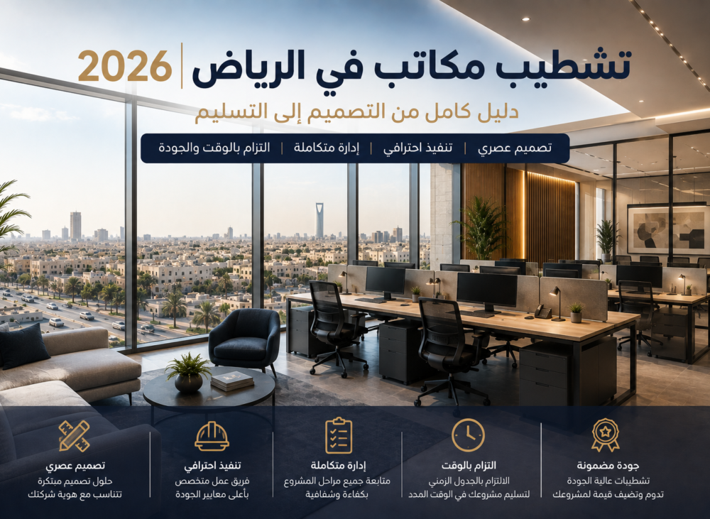 تشطيب مكاتب في الرياض 2026 : دليل كامل من التصميم إلى التسليم 2 تشطيب مكاتب في الرياض بتصميم مكتبي حديث