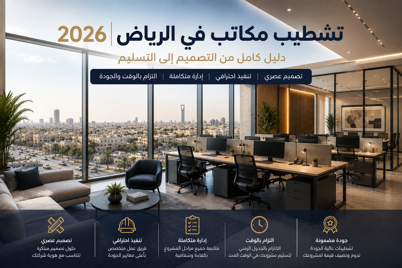 تشطيب مكاتب في الرياض 2026 : دليل كامل من التصميم إلى التسليم 109 تشطيب مكاتب في الرياض بتصميم مكتبي حديث