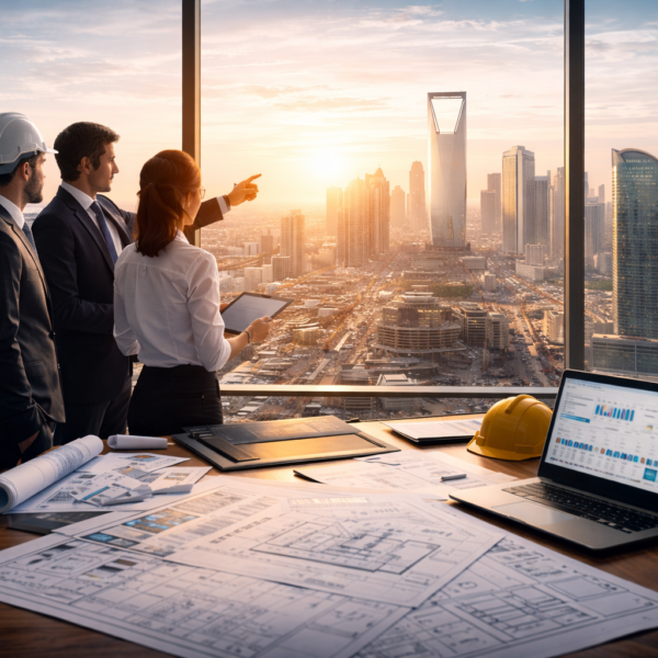 Project management team reviewing a commercial project in Riyadh