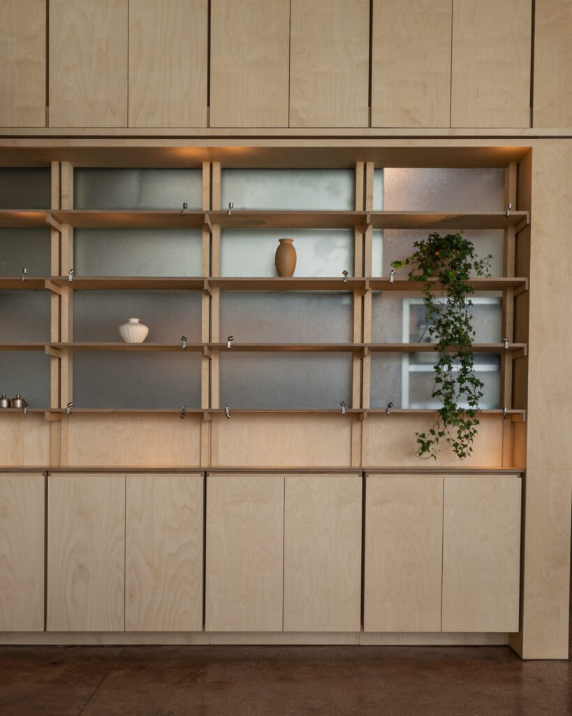 ETHR Clubhaus timber interior details and shelving