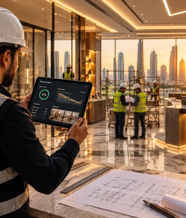 Commercial fit-out site execution supervised by project management team in Saudi Arabia.